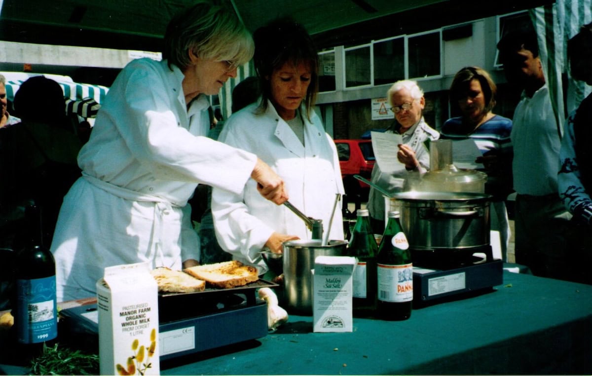 Rose Gray and Ruth Rogers giving a demo at Notting Hill Farmers Market. Rose Gray and Ruth Rogers at the Notting Hill Farmers Market.