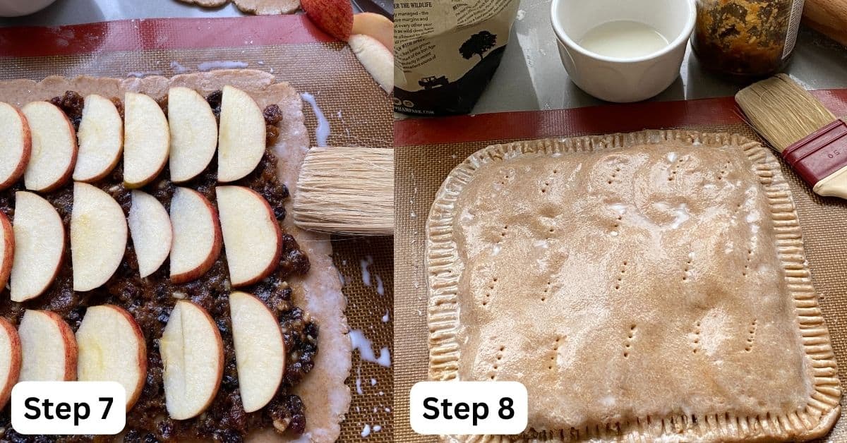 Mincemeat squares spread with mincemeat and slices of apples. Pastry spread with sweet mincemeat and slices of apple, then topped with more pastry and brushed with milk.