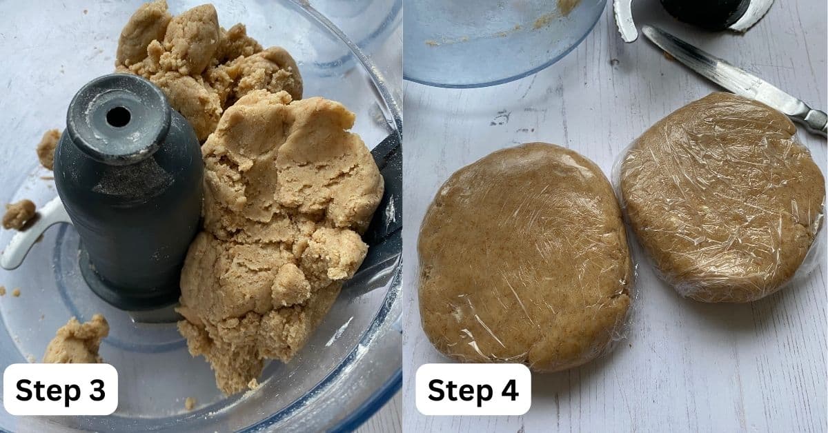 Shortcrust pastry dough in a food processor and wrapped in clingfilm. Fresh pastry, divided into two portions and wrapped in clingfilm.