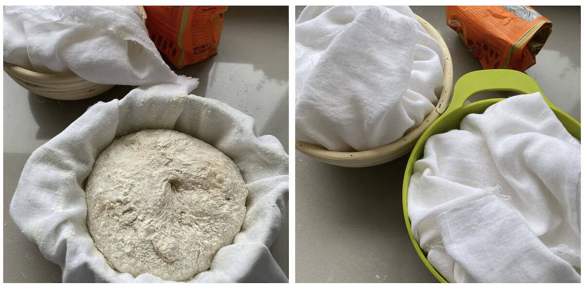Bowls lined with muslin and filled with sourdough.
