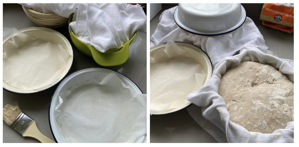 Pie tins lined with baking parhment.