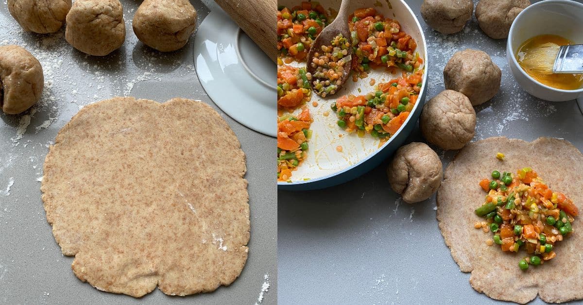 Vegetable and Lentil Pasties Rolled out pastry with a pan of mixed vegetables.
