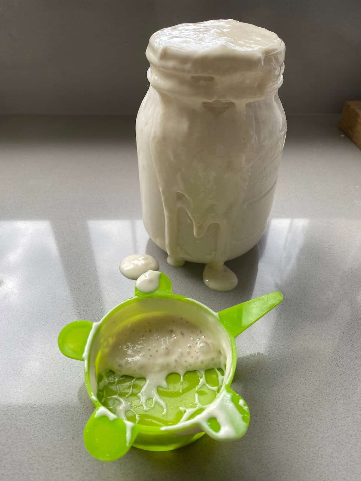 Sourdough starter in a glass jar.