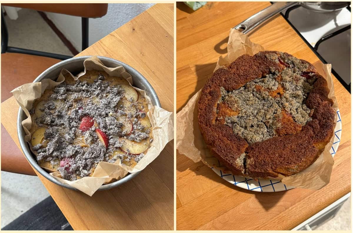 Before and after images of a cake in a tin on a wooden counter top. brown butter plum cake.