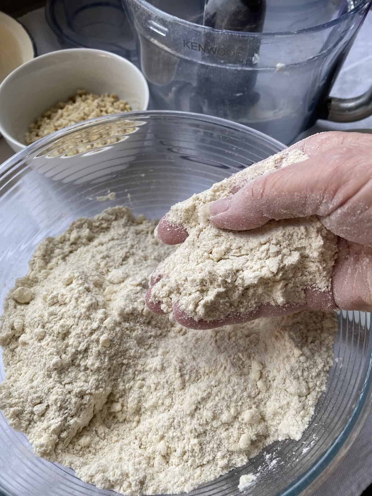 Crumble topping in a large glass bowl.