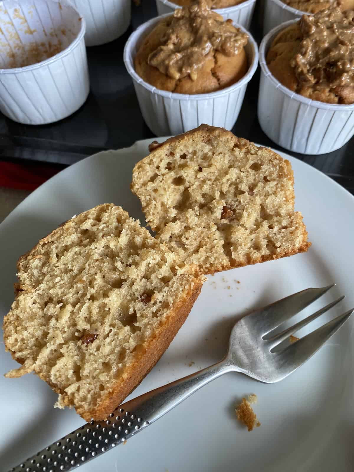 Banana and Peanut Butter Muffin sliced through.
