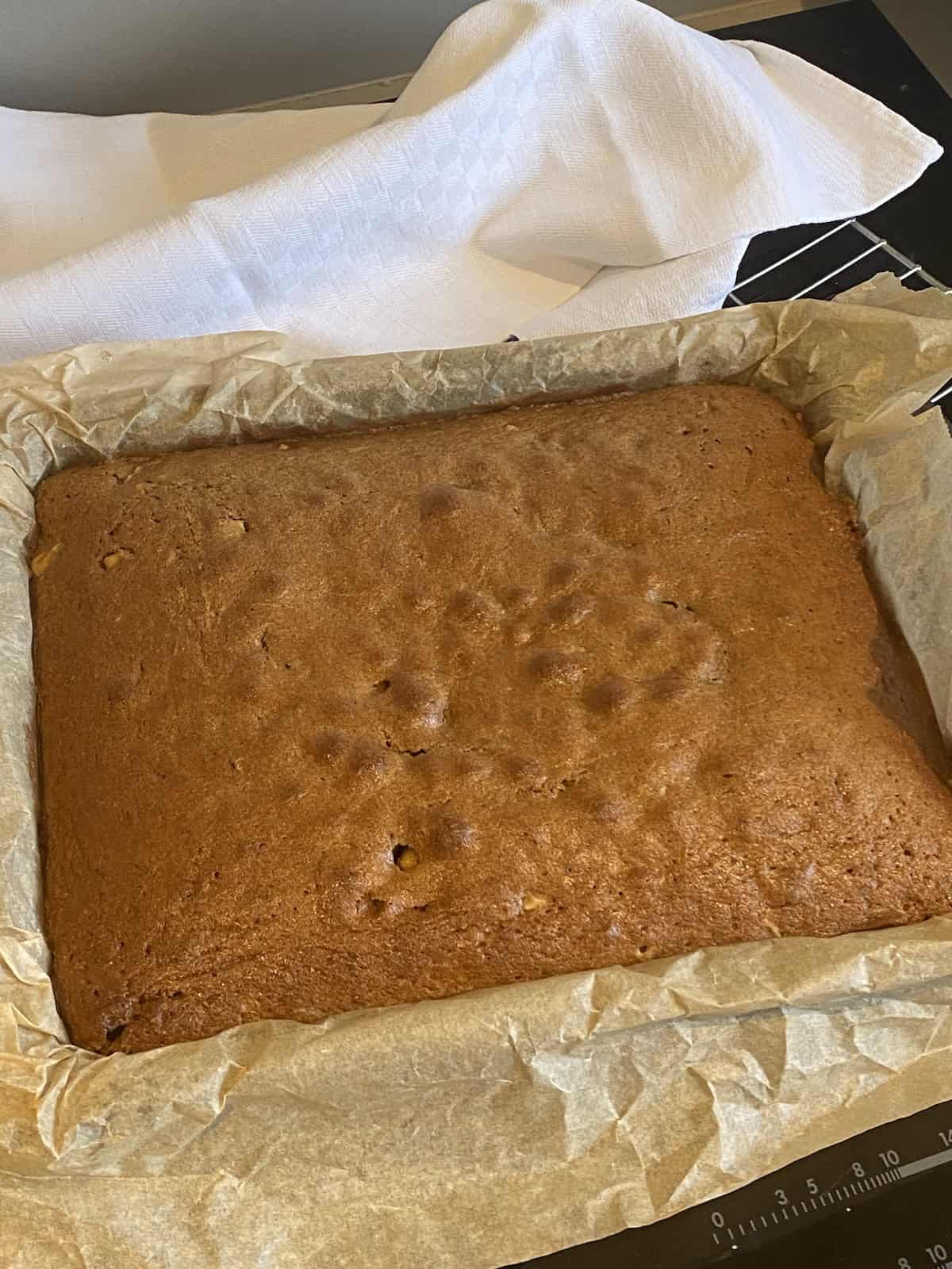 Coffee Walnut Cake without any frosting. Coffee Flavoured traybake.