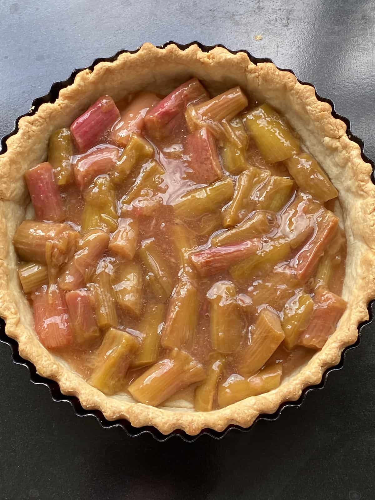 Rhubard and Apple Tart on a counter top. Stewed Rhubarb and apple in a pastry case.