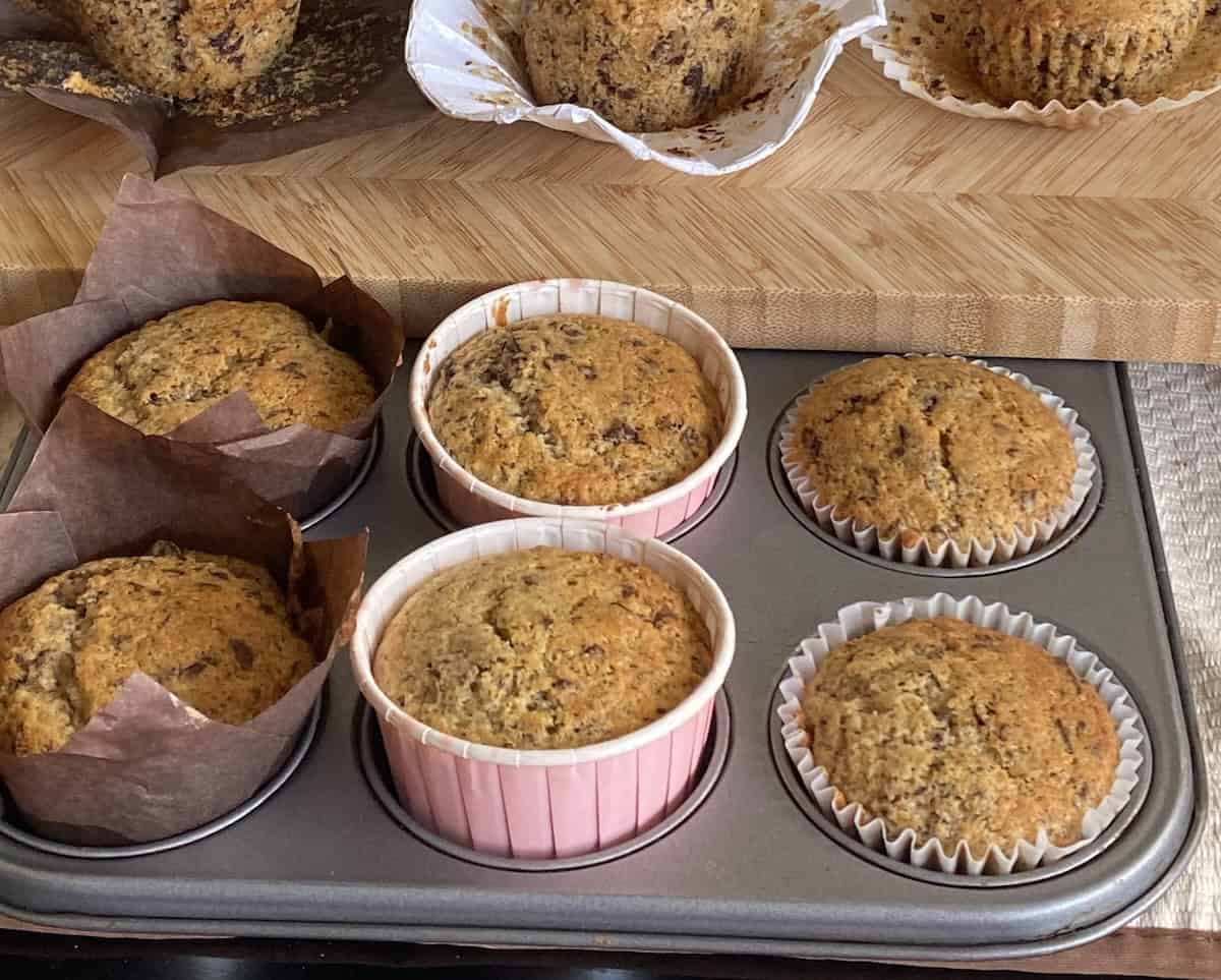 Tray of chocolate chip muffins.