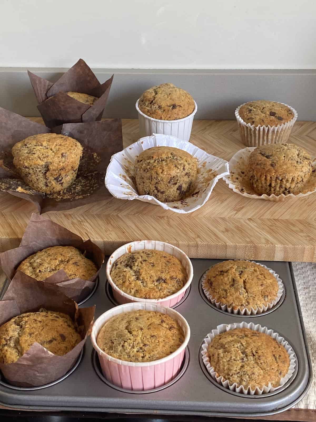 Tray of chocolate chip muffins.
