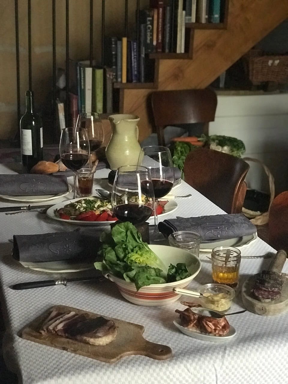 Table laid with food.