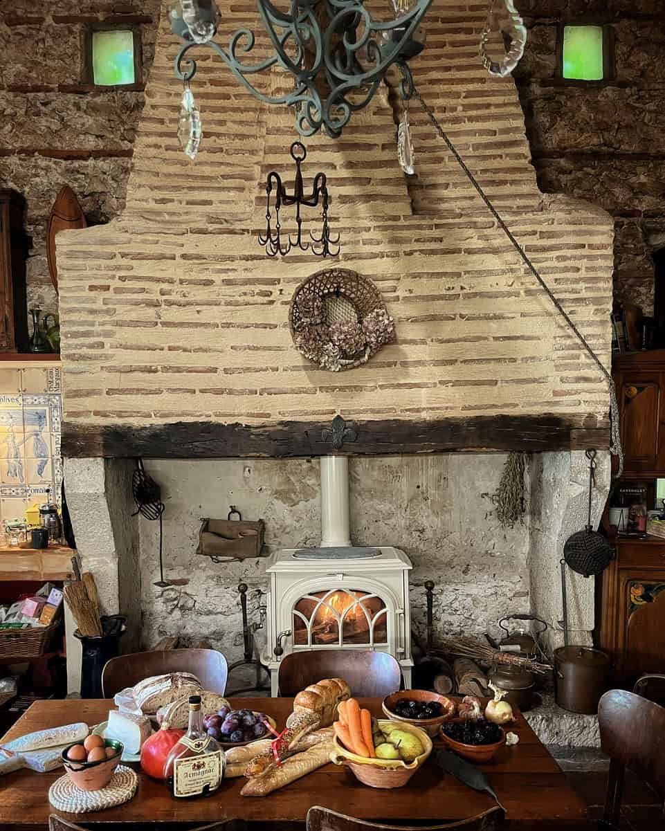 Kitchen wooden stove and table.