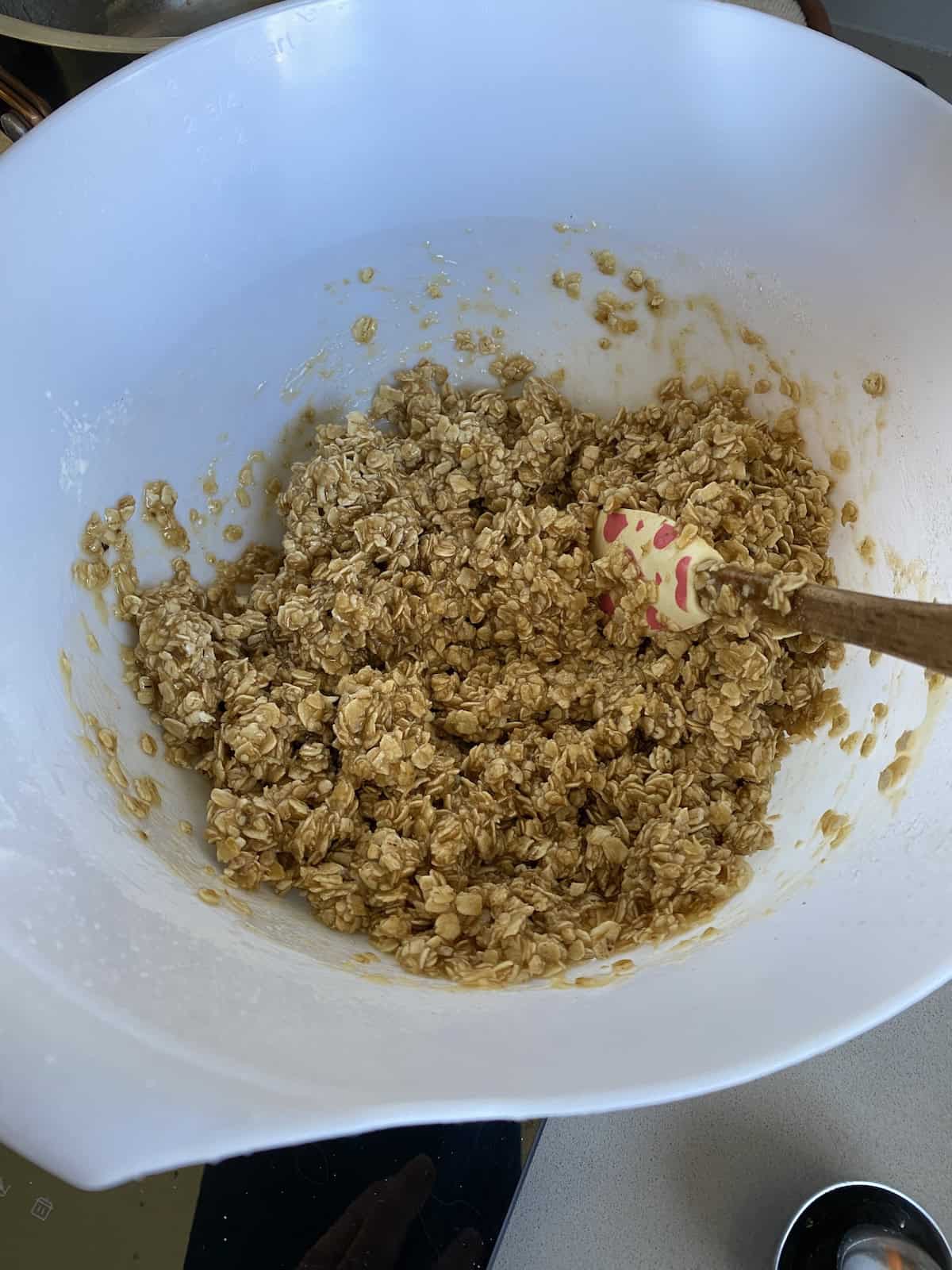 Flapjack mixture in a white bowl.