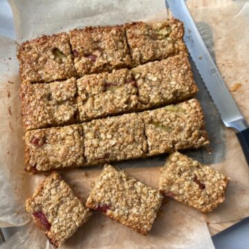 Rhubarb and Ginger Flapjacks cut into slices.