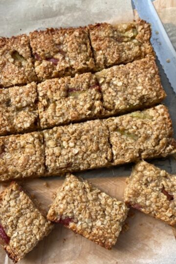Rhubarb and Ginger Flapjacks cut into slices.