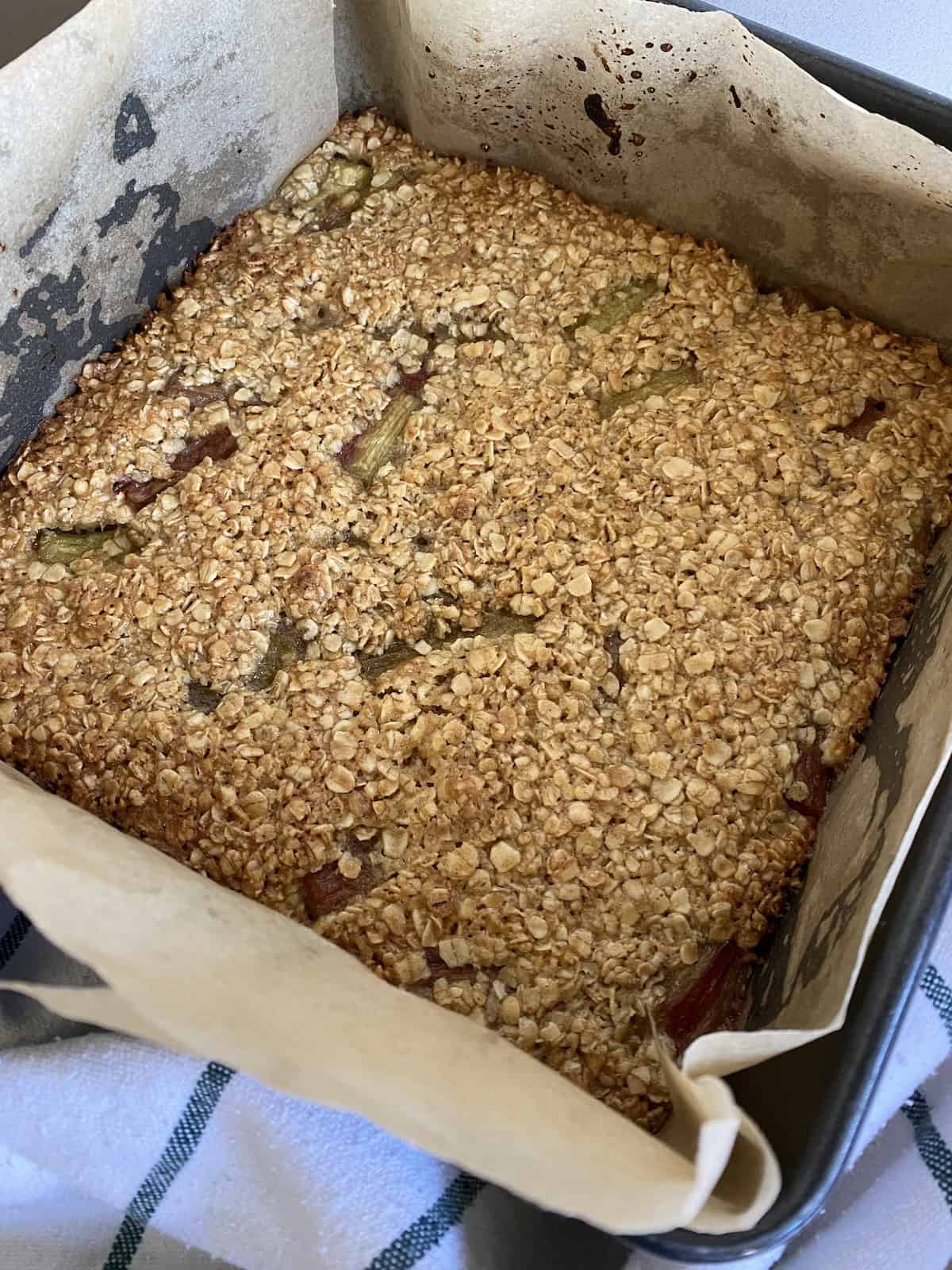 Rhubarb and Ginger Flapjacks before being sliced.